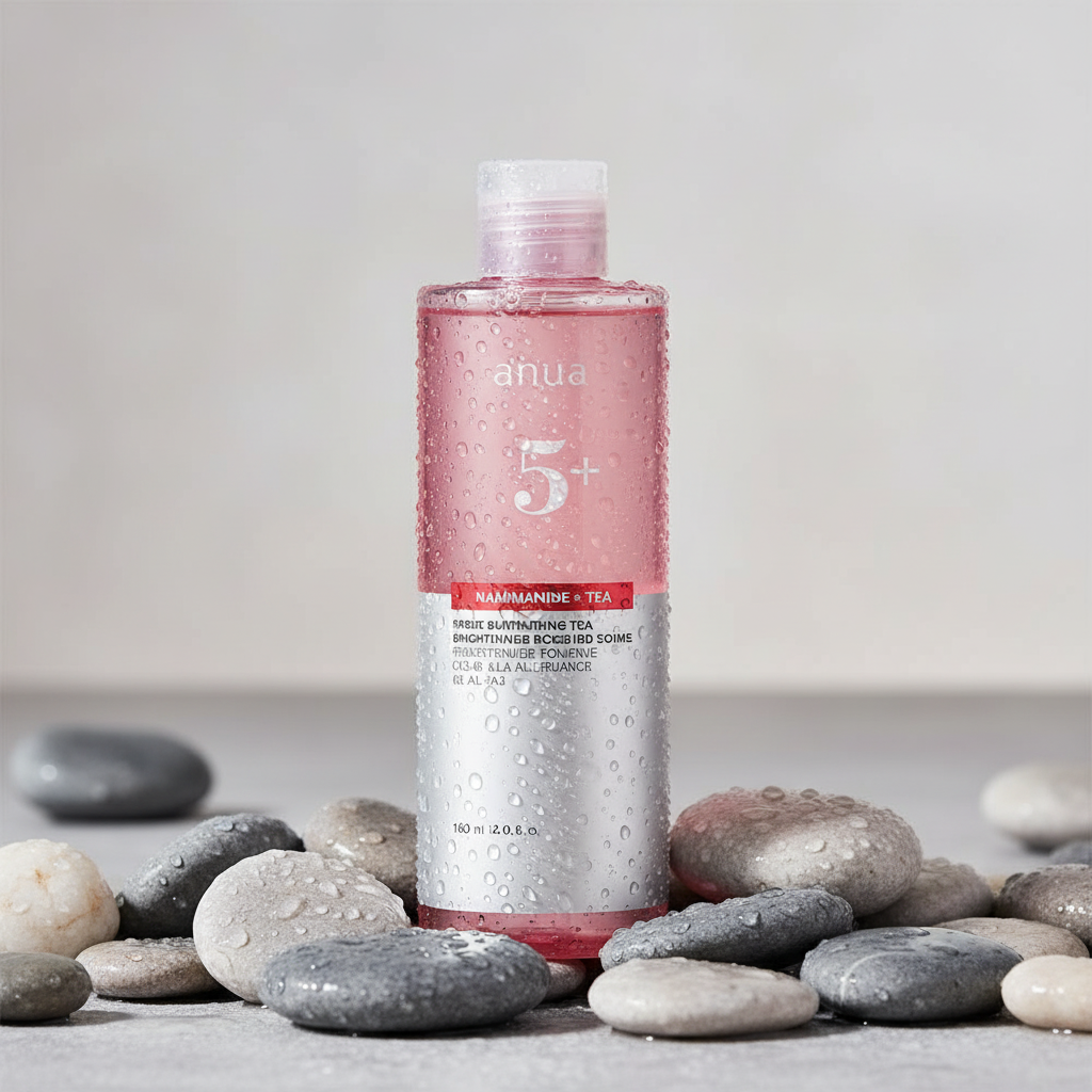 Anua Brightening Toner on wet river pebbles