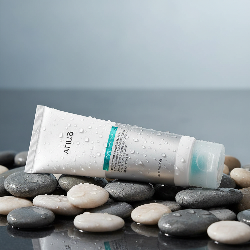 Anua PDNR Moisturizing Cleansing Foam on wet river pebbles