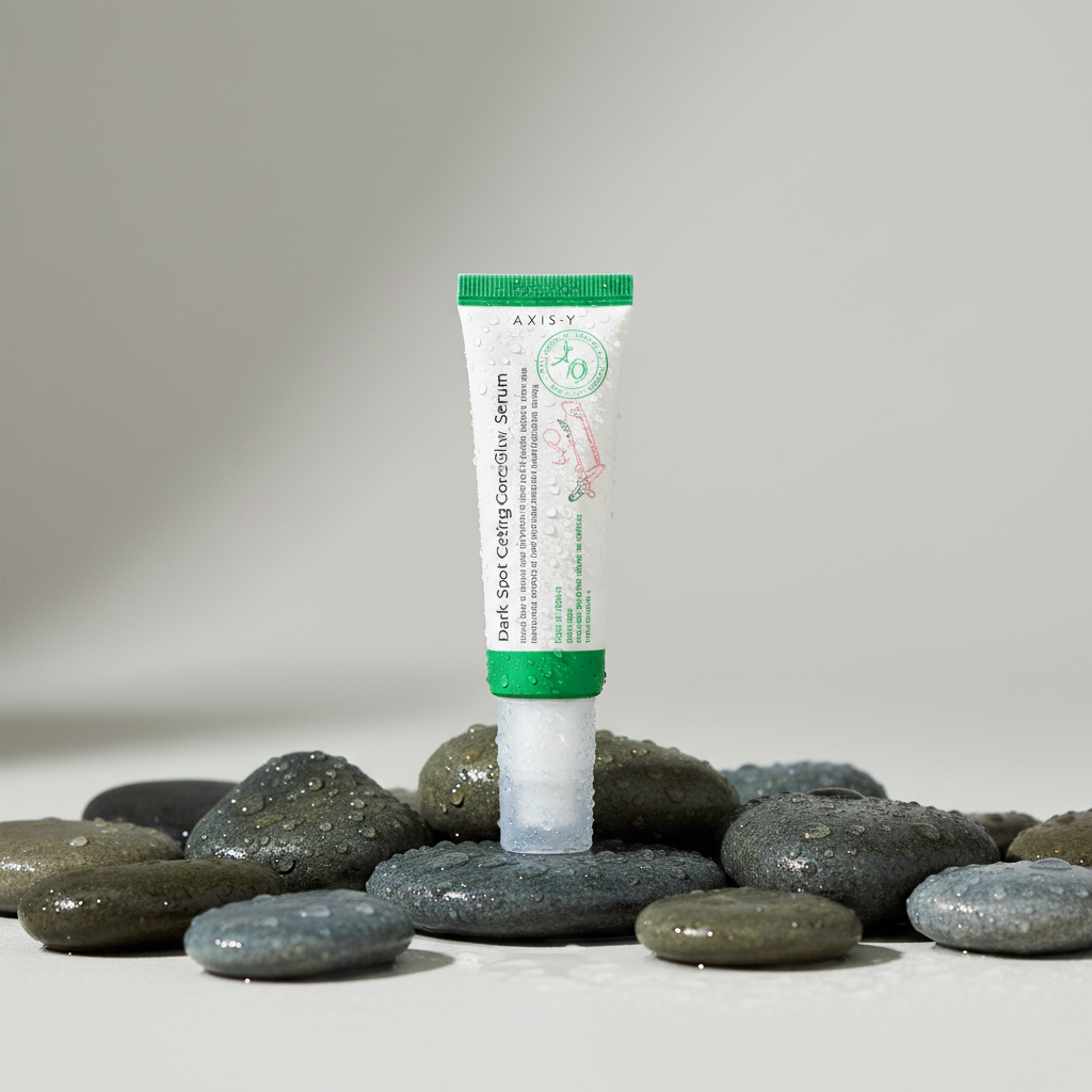AXIS-Y Dark Spot Correcting Glow Serum on wet river pebbles